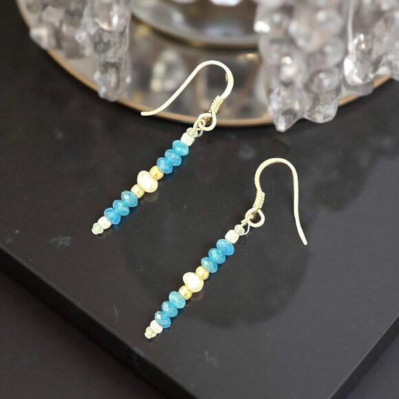 Dainty Blue Apatite & Pearl Earrings • Amazonite • 925 Sterling Silver Handmade - Picture 3 of 9